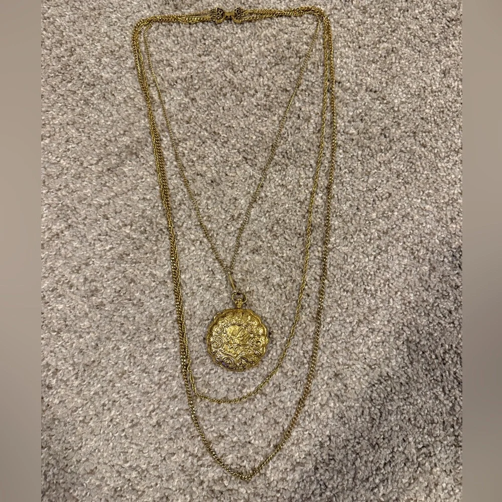 VTG 70s Goldette Statement Pendant Layered Necklace Pocket Watch Style Locket - Picture 8 of 9